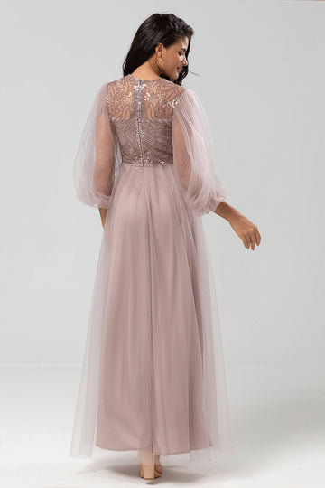 A-Line Round Neck Tulle Beaded Bridesmaid Dress with Long Sleeves